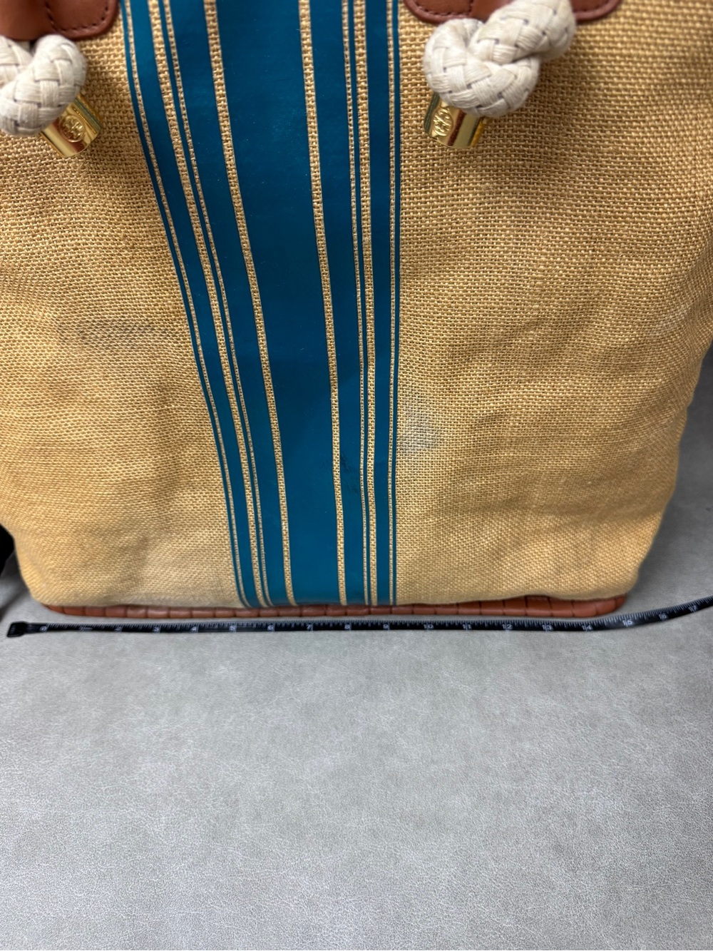 Tory Burch Tan Canvas Tote with Blue Stripe and White Rope Handles - Picture 7 of 16